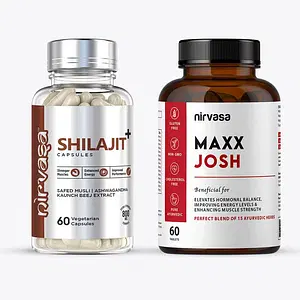 Nirvasa Shilajit+ Capsules & Maxx Josh Tablets Combo | Natural Formulations | For Improved Strength, Energy, Endurance & Gym Performance | 60 Capsules + 60 Tablets
