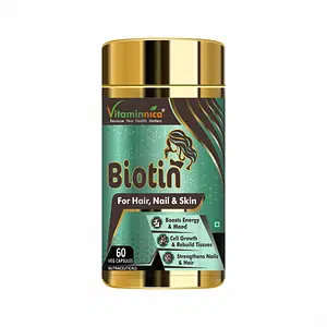 Vitaminnica Biotin 10000mcg | For Hair, Nail & Skin | Boosts Energy & Mood | Cell Growth & Rebuild Tissues | Strengthens Nails & Hair | 60 Veg Capsules 