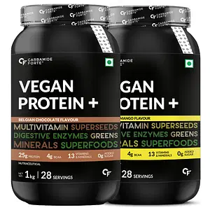 Carbamide Forte Vegan Protein Powder - Plant Based Pea Protein Powder with Multivitamin, Minerals, Superfoods, Digestive Enzymes - Chocolate & Alphonso Mango Flavour - 1Kg Each - Combo of 2Kg