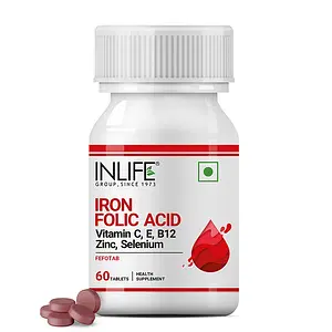 INLIFE Chelated Iron Folic Acid Supplement with Vitamin C, E, B12, Zinc & Selenium for Men Women - 60 Tablets