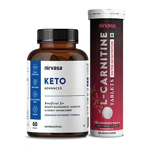 Nirvasa KETO Advanced Tablets & L Carnitine Tablets 1000mg Combo | Weight Management, Extra Energy & Healthy Digestion | 100% Vegetarian & Gluten-Free | 60 + 15 Tablets