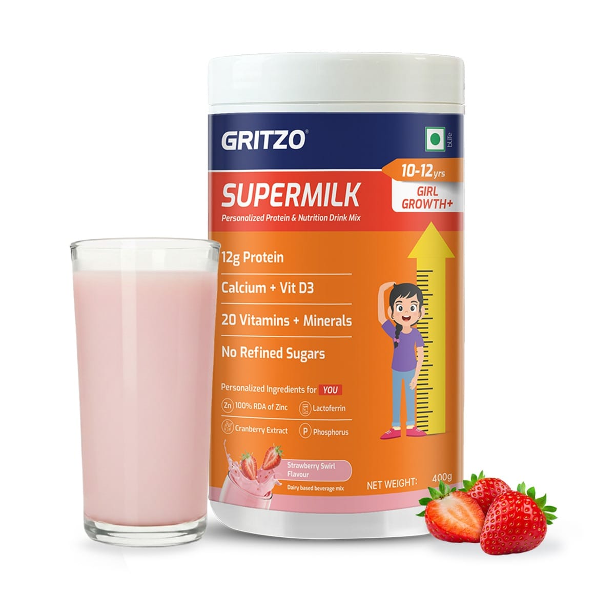 Gritzo SuperMilk Growth+ (10-12y Girls), 12g Protein Powder (Strawberry Swirl, 400g) | Zero Refined Sugar, 20 Vitamins & Minerals-image-7