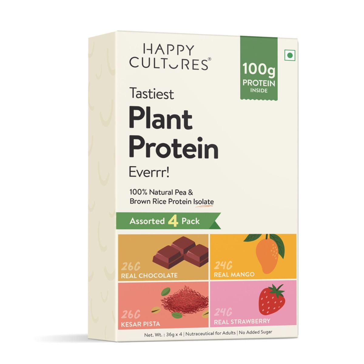 

Happy Cultures Assorted Plant Protein Pack with Chocolate, Mango. Strawberry,Kisar Pisat|Pea & Brown Rice Protein,Ahswagandha KSM66 Pouch 144gm