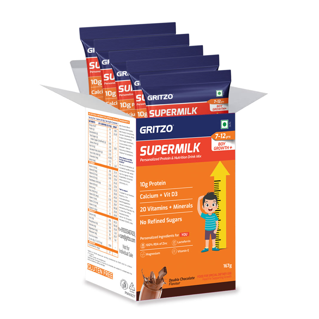 

Gritzo SuperMilk Growth+ (Formerly Height+) (7-12y Boys), 10g Protein Powder | Zero Refined Sugar, 20 Vitamins & Minerals | Pack of 5