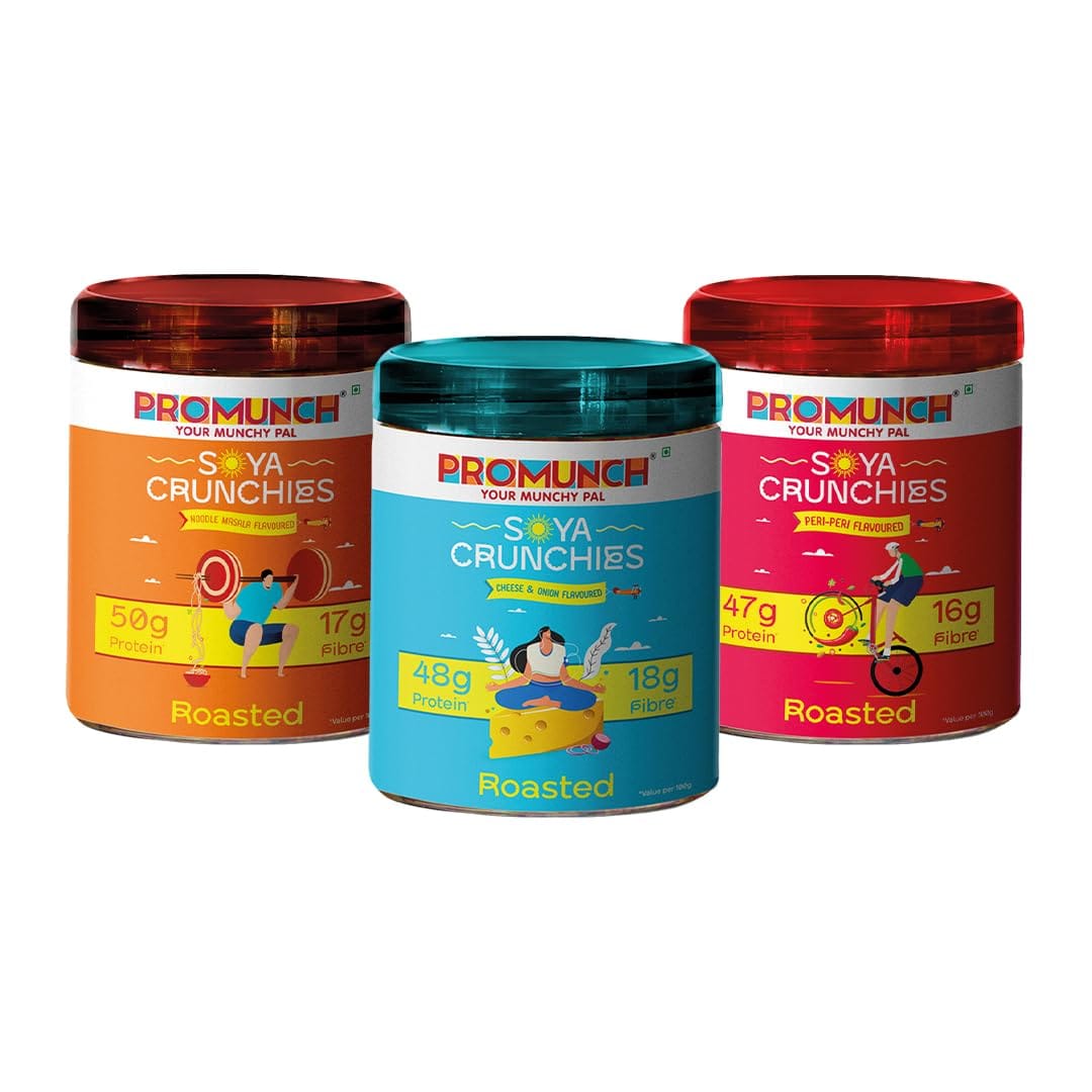 

PROMUNCH Soya Crunchies | High-Protein | Healthy | Gluten-Free | Pack of 3, Flavour: Cheese & Onion, Peri-Peri and Noodle Masala - 150G Each