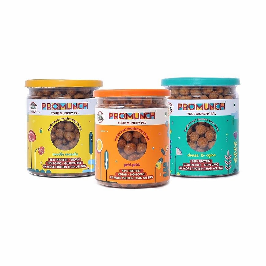 

PROMUNCH Roasted Soya Snack | High-Protein | Healthy | Gluten-Free | Pack of 3, Flavour: Cheese & Onion, Peri-Peri And Noodle Masala,150 g Each