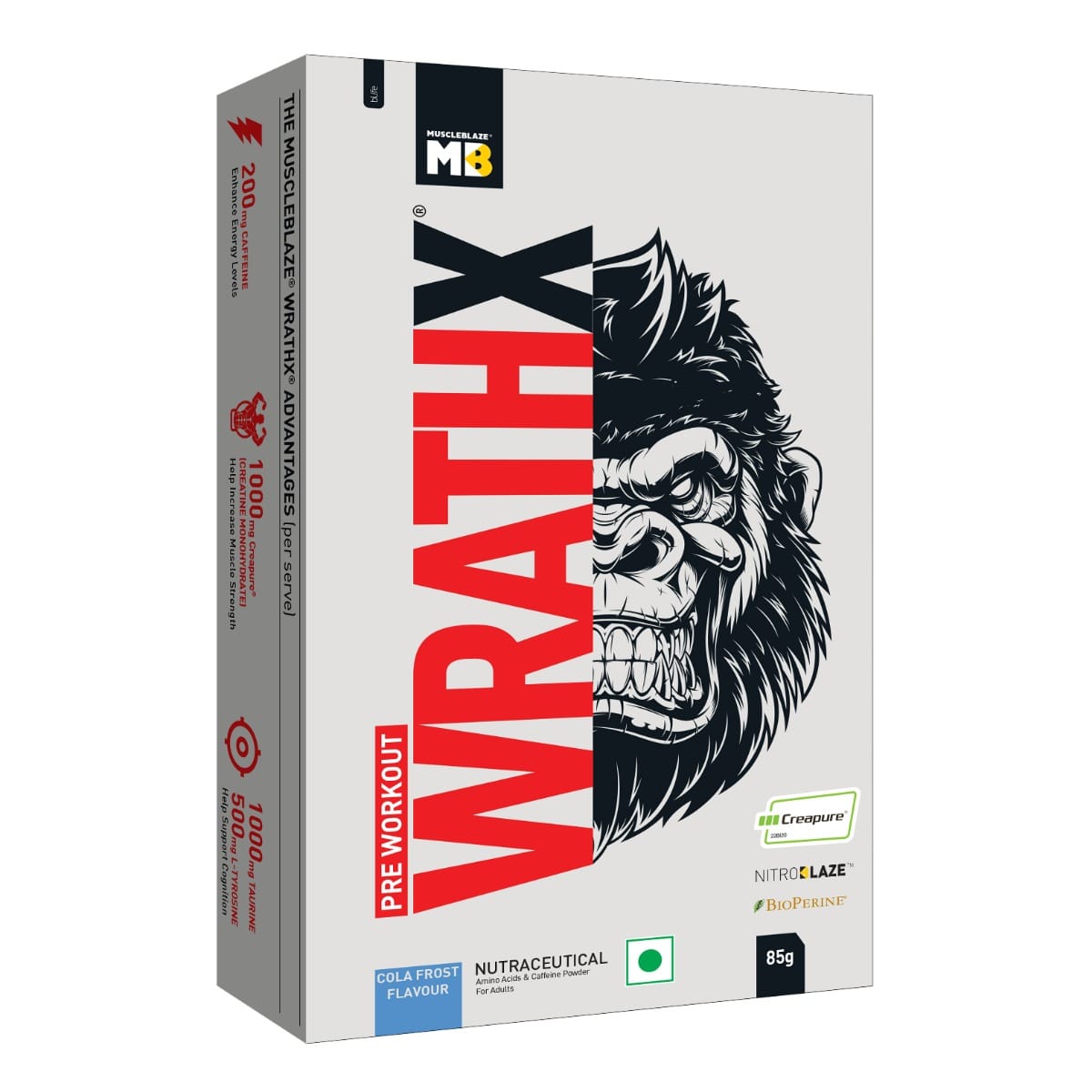 

MuscleBlaze Pre Workout WrathX with Creapure®, Nitroblaze & BioPerine (Cola Frost, 85g, Pack of 5)