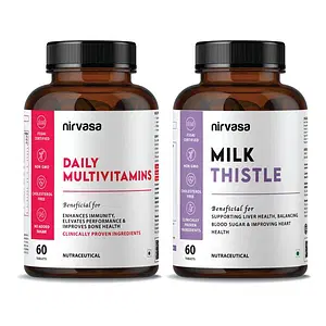 Nirvasa Daily Multivitamins & Milk Thistle Tablets Combo | Strengthens Bones, Enhances Immunity & Supports Heart Health | GMO & Cholesterol-Free, Clinically-Approved Ingredients | 60 + 60 Tablets