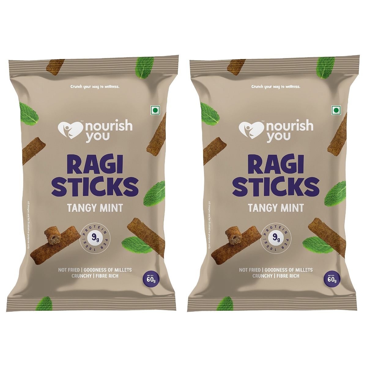 

Nourish You Organic Millet Snack - Ragi Sticks( Chips ) - Tangy Mint Flavour - Healthy Snacks , Gluten free -60gm (Pack of 2)