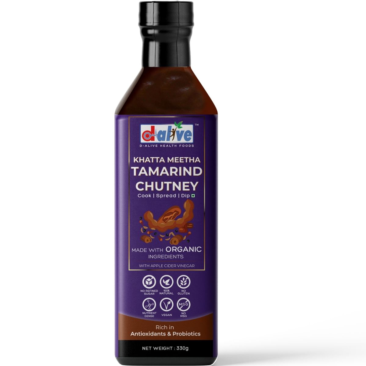 

D-Alive Khatta Meetha Tamarind (Imli) Chutney (Sugar-Free, Gluten-Free, Low Carb, Ultra Low GI, Vegan, Diabetes & Keto Friendly) - 330g