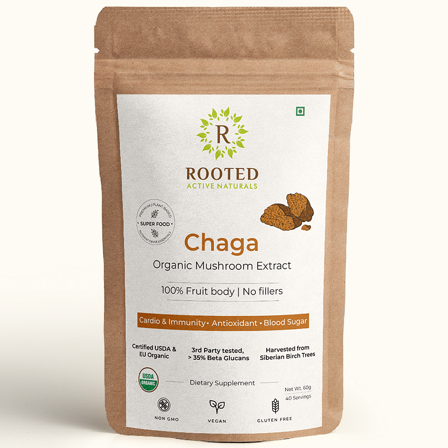 

Rooted Actives Siberian Chaga mushroom Extract (60 g) |Blood Sugar, Heart & Immunity. USDA Organic, 35% Beta Glucans