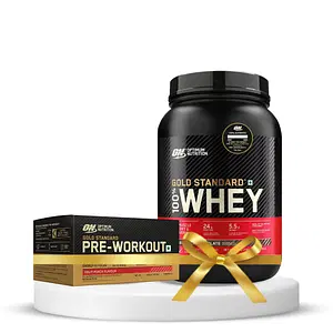 Optimum Nutrition (ON) Gold Standard 100% Whey Protein Powder 2 lbs, 907 g (Double Rich Chocolate) & Optimum Nutrition (ON) Gold Standard Pre-Workout- 142.5g/15 single serve packs (Fruit Punch Flavor), (Combo)