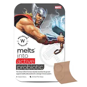 Wellbeing Nutrition Marvel Thor Melts | Kids Organic Active Probiotic & Prebiotic, Vitamin C & D3 | 100% Natural for Healthy Gut, Digestion| Sweet Cherry Flavor (30 Oral Thin Strips)