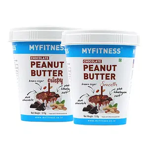 MYFITNESS Chocolate Peanut Butter Smooth 510gm and Chocolate Peanut Butter Crispy 510gm Combo | 22g Protein | Tasty & Healthy Nut Butter Spread | Vegan | Dark Chocolate Smooth Peanut Butter | Zero Trans Fat