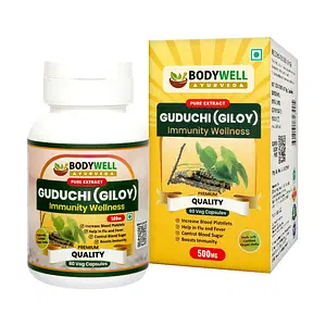 BODYWELL Guduchi (Giloy) Pure Extract Capsule | Immunity Booster | Bones & Joints Wellness | Purifies Blood & Improves Digestion |Diabetes & Arthritis Support | 500 mg  (60 Capsules)