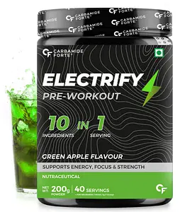 Carbamide Forte Pre Workout Powder GreenApple 200g) for Men & Women with Taurine & Creatine Monohydrate for Energy, Focus & Strength
