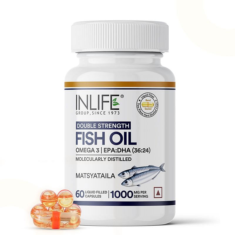 

INLIFE Fish Oil Double Strength Omega 3 EPA 360mg DHA 240mg for Men Women 1000mg - 60 Liquid Filled Capsules