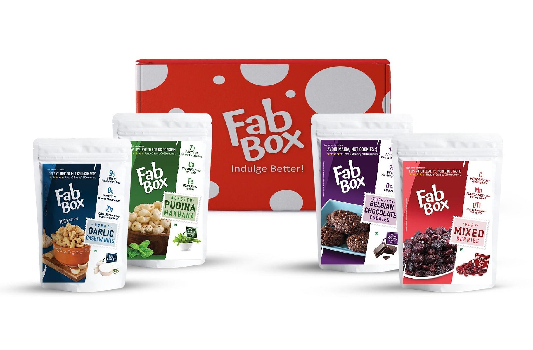 

Fabbox Mixed Berries 70g, Burnt Garlic Cashews 70g, Pudina Makhana 83g, Belgian Chocolate Cookies 91g - Gift Box