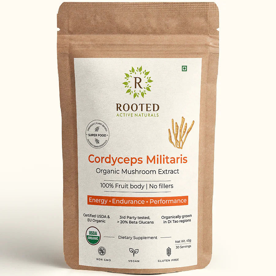 

Rooted Actives Cordyceps Militaris Mushroom Extract powder (45 g) |Energy, Stamina & Endurance | Supports Testosterone, Virility, Lung health, USDA...