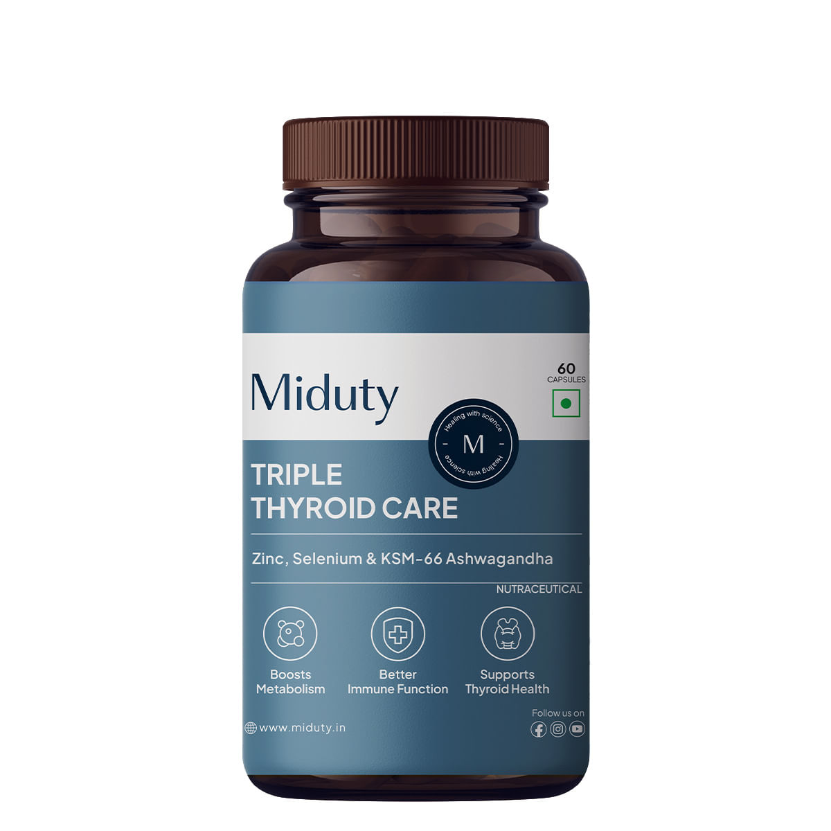 

Miduty Triple Thyroid Care - Hypothyroidisim - Zinc - KSM 66 Ashwagandha - Selenium - 60 capsules