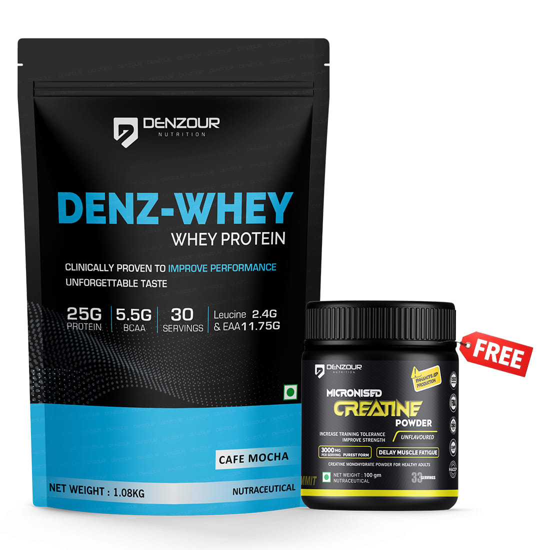 Denz Whey Protein 1kg. Café Mocha Flavour + Free Creatine Unflavoured 100g