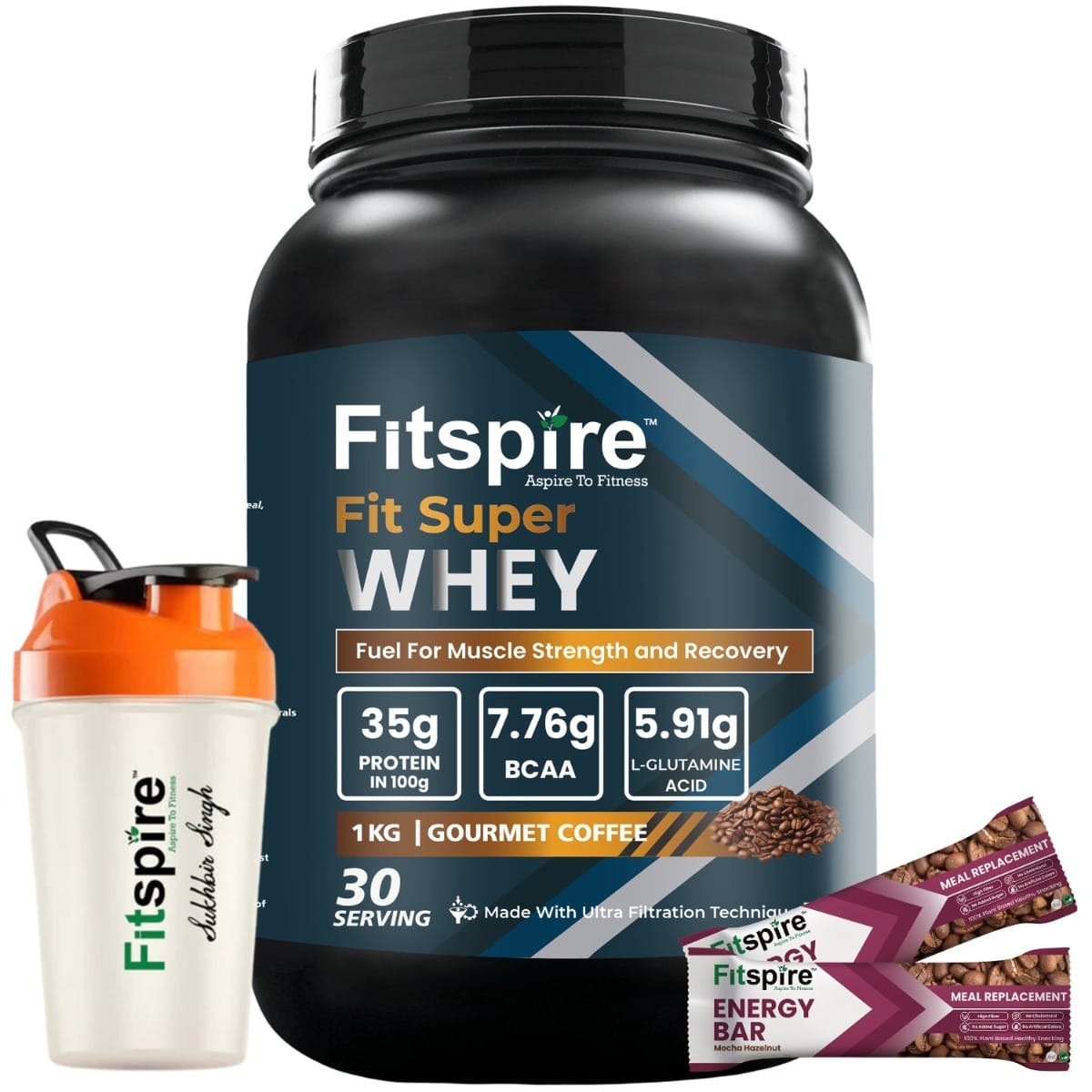 

Fitspire| Fit Super Gourmet Coffee Whey Protein with 400ml Shaker + Red BerryEnergy Bar Combo