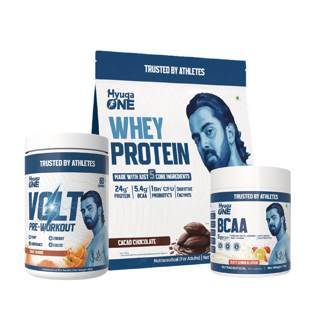 

Hyuga One Nutrition Combo : Whey Protein Cacao Chocolate 1kg (24g Protein, Probiotics), VOLT Pre-Workout Tangy Orange 480g (100mg Caffeine), BCAA Z...