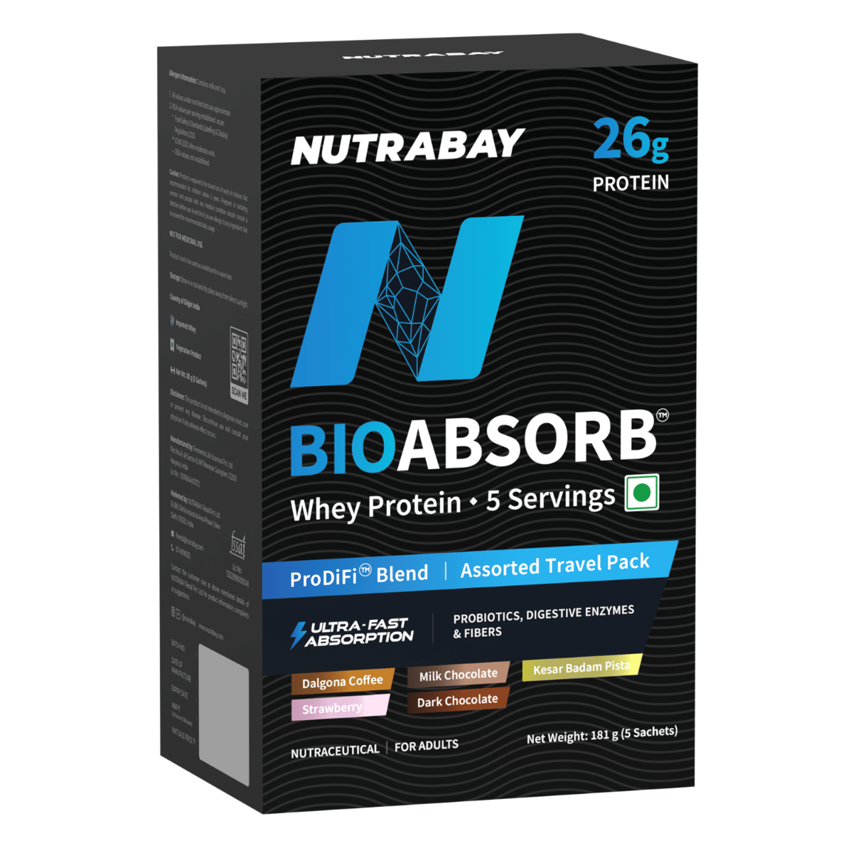 

Nutrabay BioAbsorb™ Whey Protein Powder - 181g (5 Sachet Assorted Pack) | India's First Protein with ProDiFi™ Blend for Ultra-Fast Absorption | 26g...