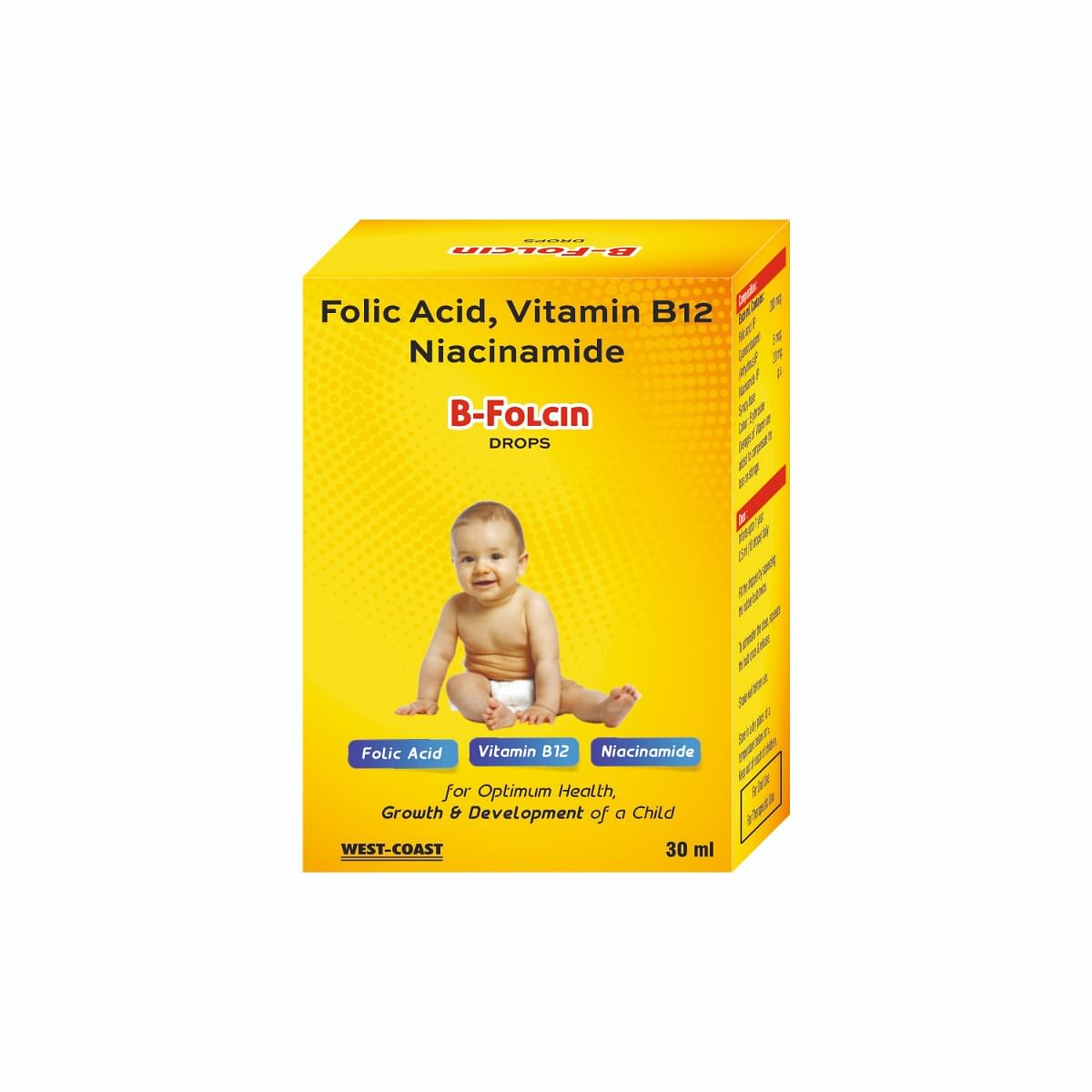 

Westcoast B-Folcin Drops Mango Flavour for Folic Acid & iron deficiency with added Cyanocobalamin & Vit- B3, B5 B12. Supports energy levels, hair f...