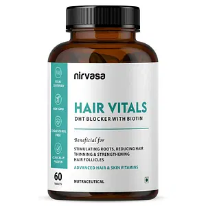 Nirvasa Hair Vitals DHT Blocker with Biotin Tablet, for Hair Growth and Hair Nourishing and Glowing Skin, enriched with Biotin, Vitamins, Minerals, Pumpkin Seed Extract, , Grape Seed Extract & many more botanical extracts, Veg Tablet, (1x 60 Tablets)
