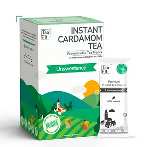 TeaFit Premium Unsweetened Cardamom Instant Tea Premix (10 Sachets) | Instant Milk Tea Premix | Home Like Elaichi Chai | Ready to Drink | Diabetic Friendly | No Added Sugar