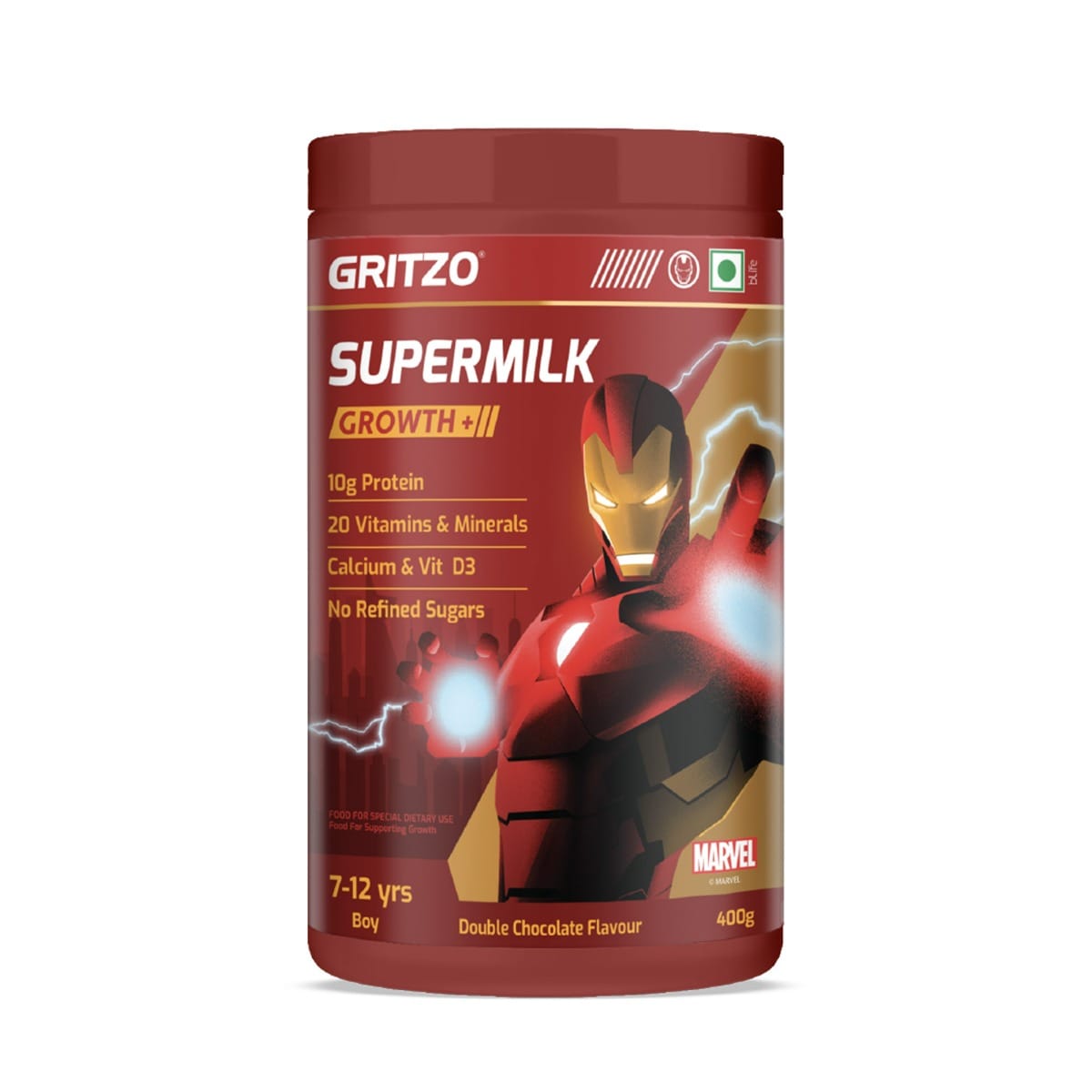 Gritzo SuperMilk Growth+ Iron Man (7-12y Boy), 10g Protein Powder (Double Chocolate, 400g) | No Refined Sugar, 20 Vitamins & Minerals-picture-6