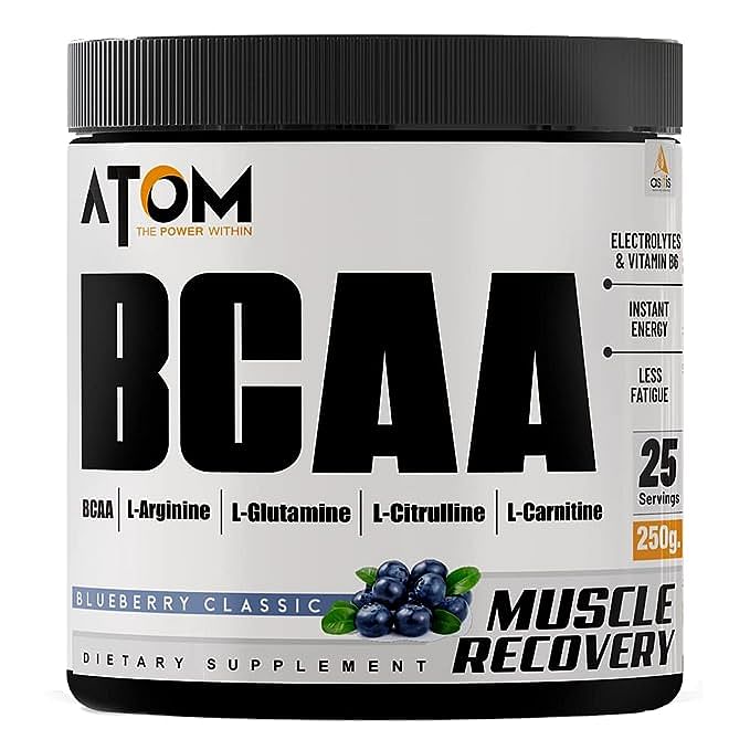 

AS-IT-IS ATOM BCAA 250g with L-arginine, L-Carnitine, L-Citrulline for Energy Burst & Athletic Performance | Blueberry classic Flavor…