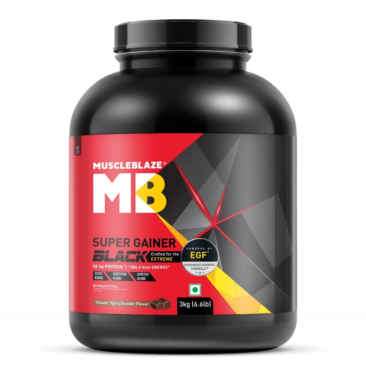 MuscleBlaze Super Gainer Black | With Enhanced Gaining Formula™- Appetite, Digestion & Testo Blend for Muscle Mass Gain (Double Rich Chocolate, 3kg / 6.6lbs, 30 Servings)