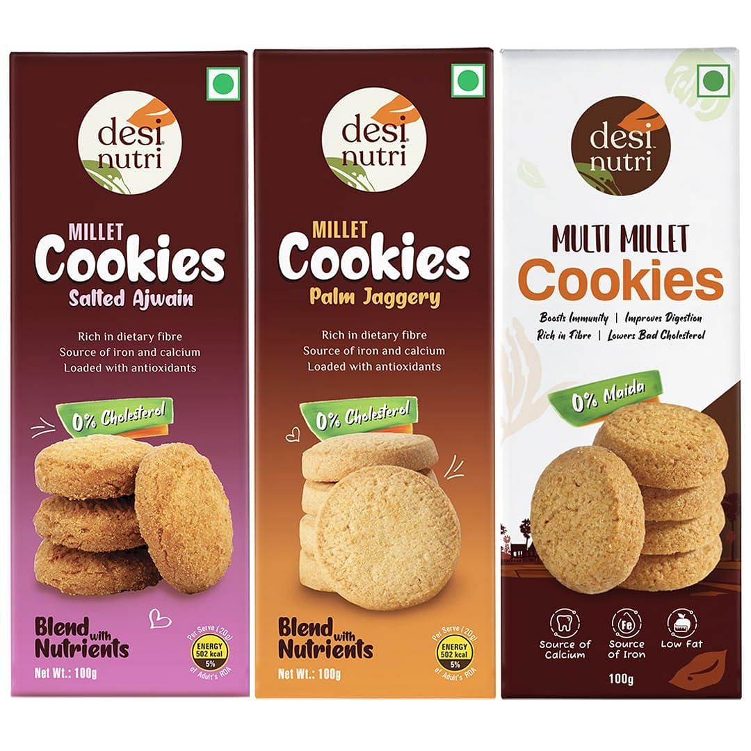 

Desi Nutri Multi Millet Ajwain cookies + Palm Jaggery cookies+ Classic Cookies | Wholesome Balance of Taste & Nutrition | Quick Energy | Rich in Ca...