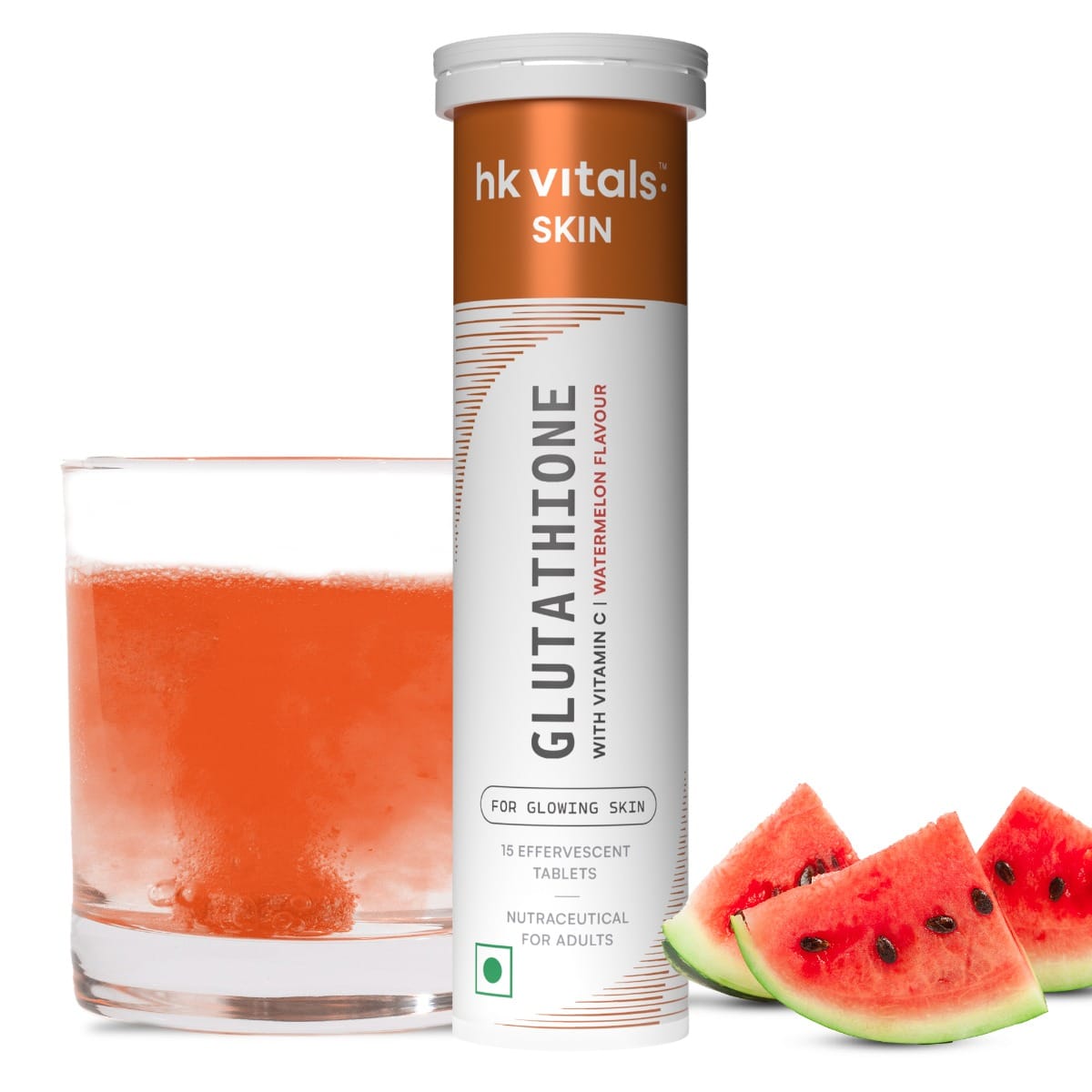 hk vitals Glutathione - 15 Effervescent Tablets | L-Glutathione Tablets with Vitamin C & E, for Skin Glow & Hydration, No Added Sugar, Watermelon Flavour