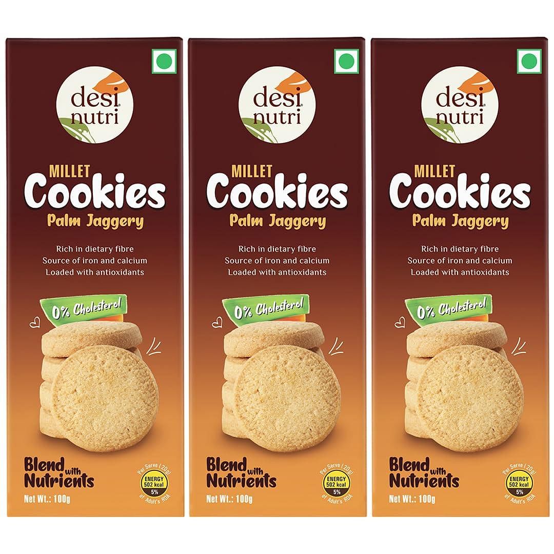 

Desi Nutri Palm Jaggery Cookies Pack Of 3 | No Maida, Preservatives & Additives, 100 g each | Wholesome Taste & Nutrition | Flavourful & Delicious ...