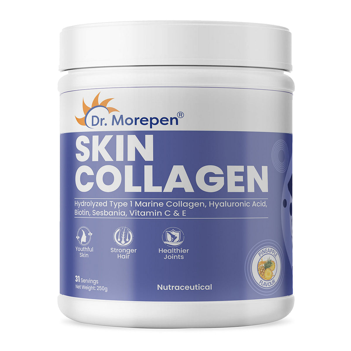 

Dr. Morepen Skin Collagen Protein Powder With Hyaluronic Acid, Vitamin C, Sesabania & Biotin For Healthy Skin | Pineapple Flavour | 250g