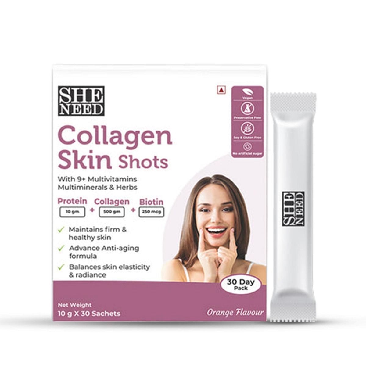 

SheNeed Collagen Skin Shot Protein, Collagen & Biotin Enhances Skin Radiance & Anti-Aging - 10g x 30 Sachets