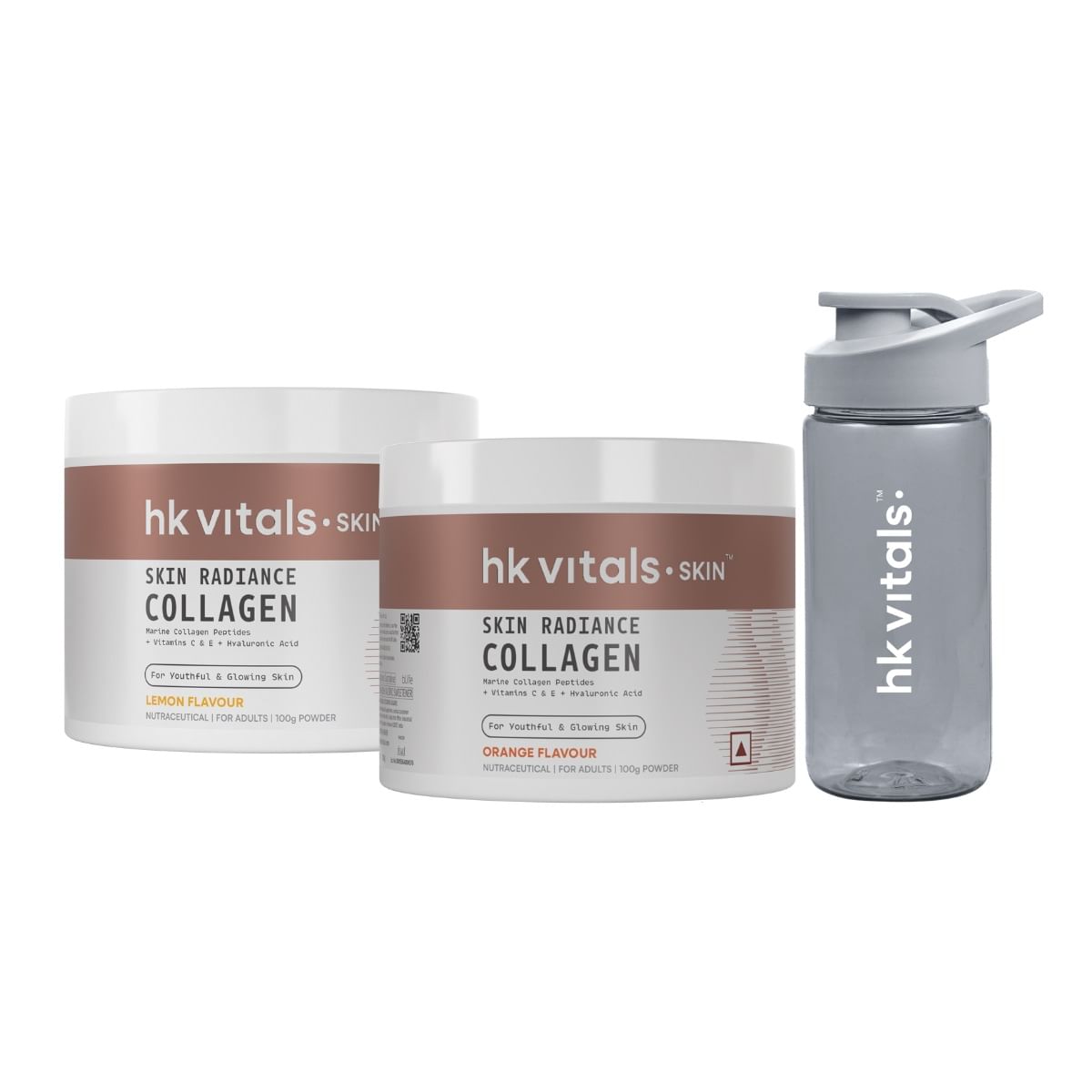 

HK Vitals Skin Radiance Marine Collagen Supplement (Lemon, 100g) with Skin Radiance Collagen Supplement with Biotin, Orange, 100 g & Sipper Bottle ...