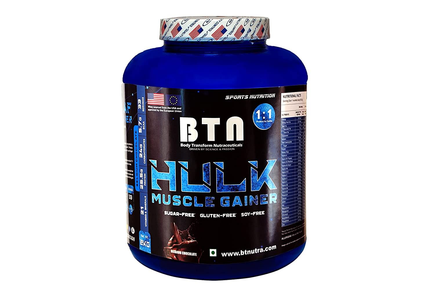 

Body Transform Nutraceuticals BTN HULK - MUSCLE GAINER Protein to Carbs Ratio [1:1] - 4 lbs. (2 kg) (Belgium Chocolate),Sugar Free, Gluten Free, So...