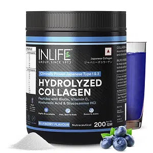 INLIFE Japanese Collagen Supplements for Women & Men | Hydrolyzed Collagen Powder For Skin, Hair & Joints | Clinically Proven Ingredient with Biotin, Hyaluronic Acid (Blueberry, Collagen, 200g)
