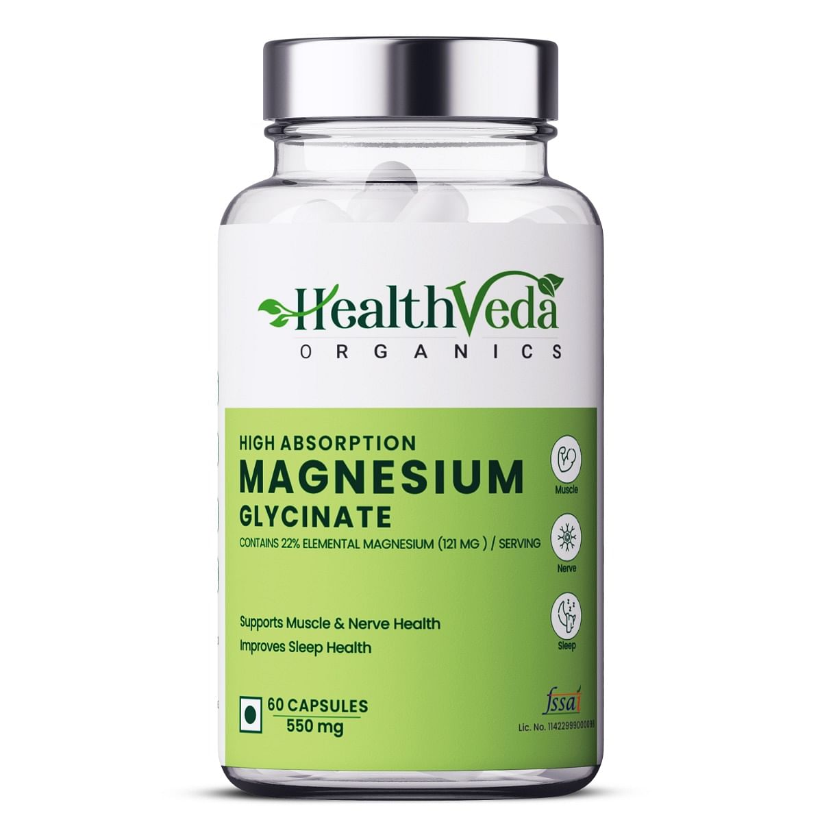 

Health Veda Organics High Absorption Magnesium Glycinate, 550mg (Elemental Magnesium 121 mg) | 60 Veg Capsules | Supports Nerve & Muscle Health | I...