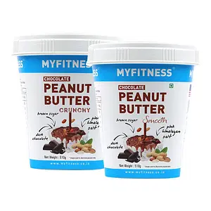 MYFITNESS Chocolate Peanut Butter Smooth 510gm and Chocolate Peanut Butter Crunchy 510gm Combo | 22g Protein | Tasty & Healthy Nut Butter Spread | Vegan | Dark Chocolate Smooth Peanut Butter | Zero Trans Fat