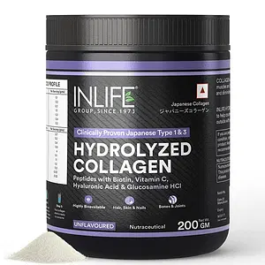 INLIFE Japanese Hydrolyzed Collagen Peptides Powder Clinically Proven Ingredient, Type 1 & 3, Skin Health, Bone Health Supplement for Men & Women (Unflavoured, Collagen, 200g)