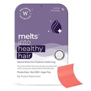 Wellbeing Nutrition Melts Healthy Hair with Plant Based Wholefood Biotin 10,000 mcg from Sesbania, Zinc, Bamboo Extract, Folic acid for Hair Nourishment, Strength and Thickness - 30 Oral Thin Strips