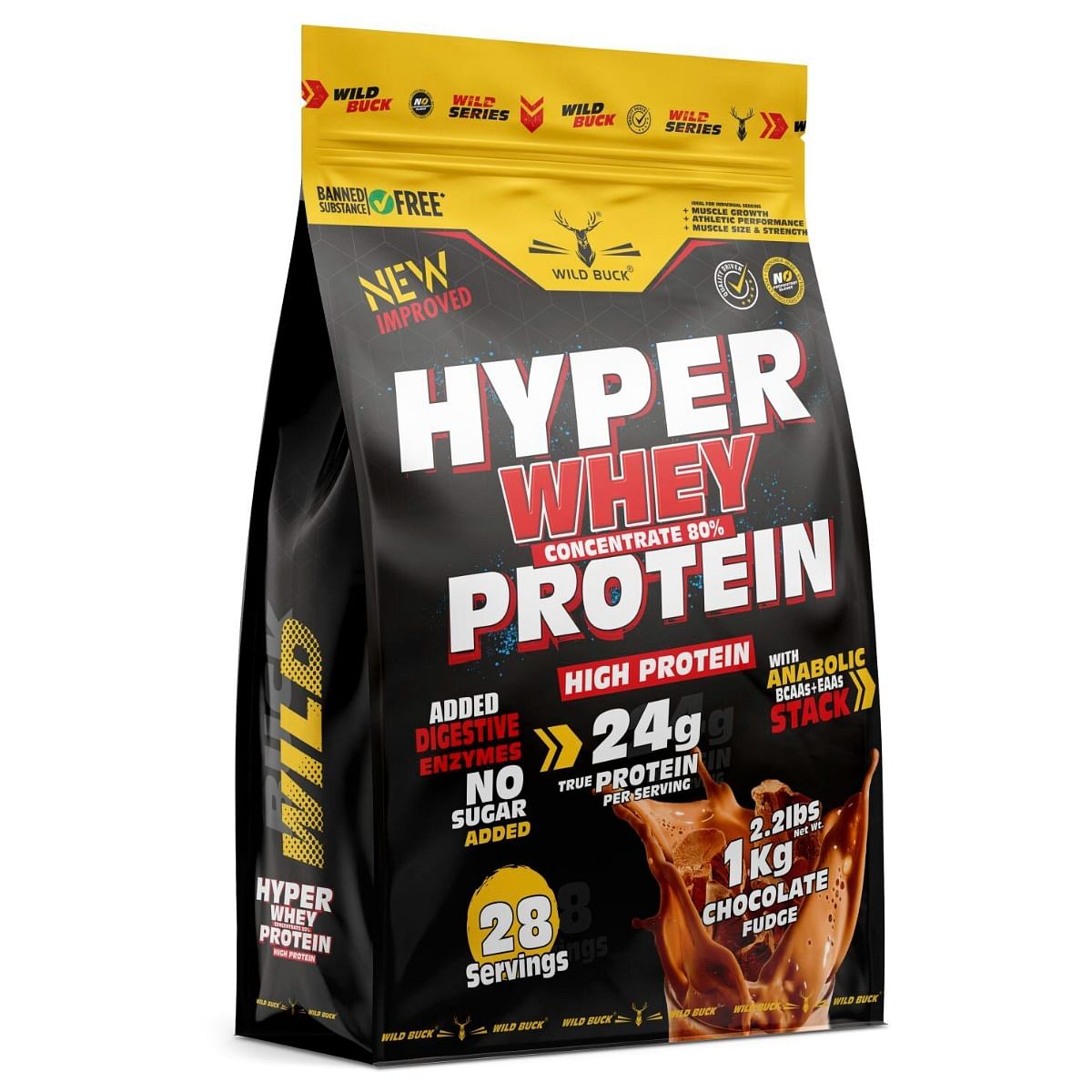 

WILD BUCK Hyper Whey Protein Concentrate 80%, 24g High Protein, 6g BCAA, 6g EAA For Muscle Growth & Recovery(1kg, Chocolate Fudge)