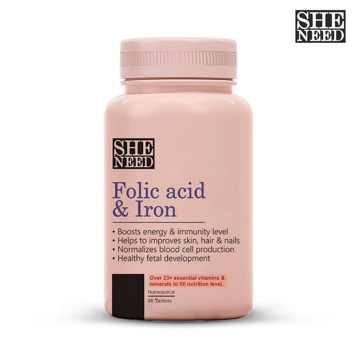 

SheNeed Folic Acid & Iron Supplements – Supports Pregnancy & Iron Production – 60 Tablets