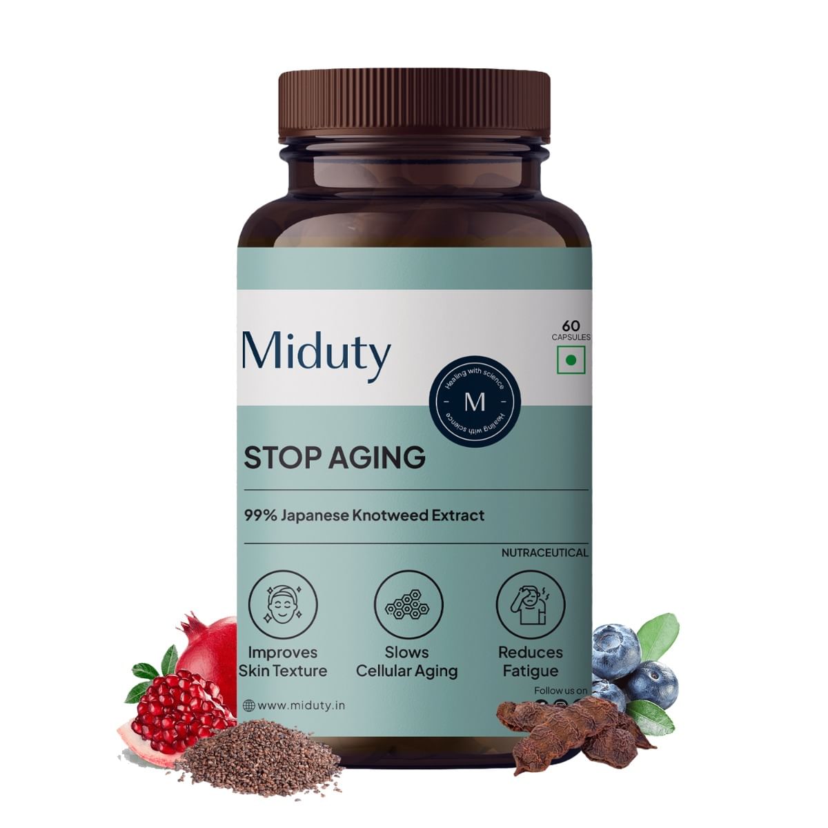 

Miduty Stop Aging-Trans Resveratrol 99% supplement - Green Tea - Quercetin - BP - Anti Aging - 30 capsules