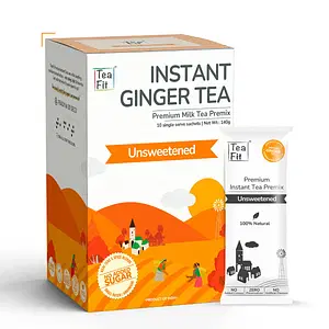TeaFit Premium Unsweetened Ginger Instant Tea Premix (10 Sachets) | Instant Milk Tea Premix | Strong Home Like Adrak Kadak Chai | Ready to Drink | Diabetic Friendly | No Added Sugar